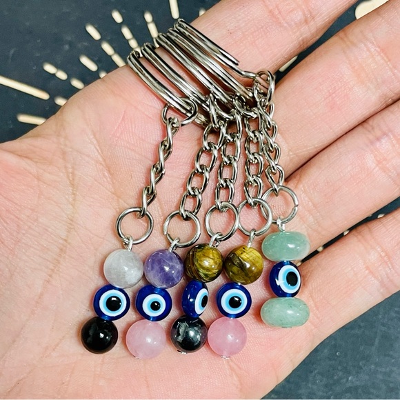 Tigers Eye & Hematite / Evil Eye Keychain, Handmade - Picture 4 of 5